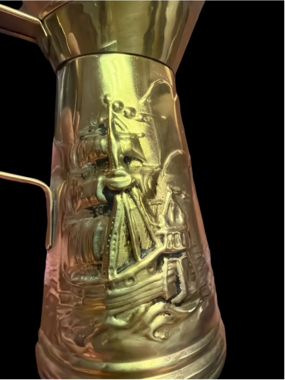 Vintage Brass Nautical Pitcher Tall Ship & Lighthouse Coastal Decor 6.5”